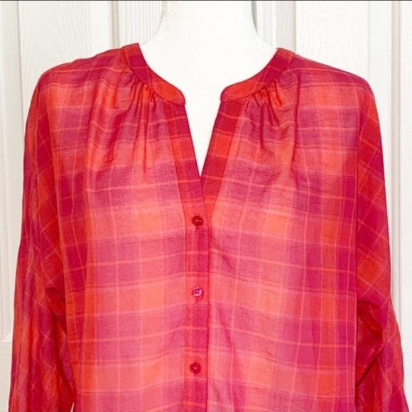 LOFT Blouse Top V-Neck Sheer Purple Orange Plaid Blouse Top Size Small - Picture 3 of 10